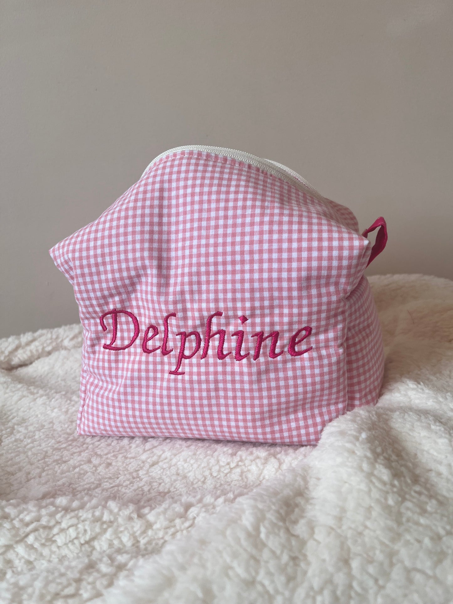Trousses de toilette en vichy rose coton personnalisable - Taille médium