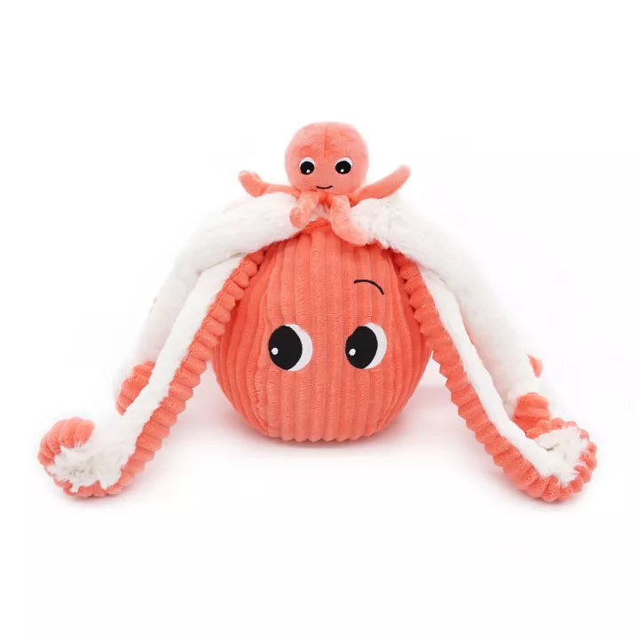 Doudou d'aide à la séparation pieuvre maman et bébé corail