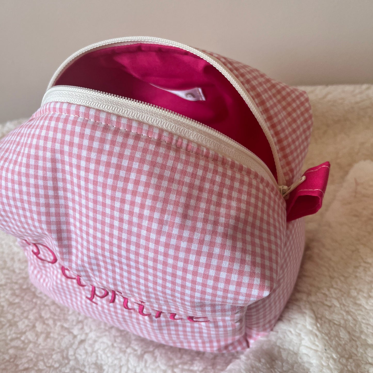 Trousses de toilette en vichy rose coton personnalisable - Taille médium