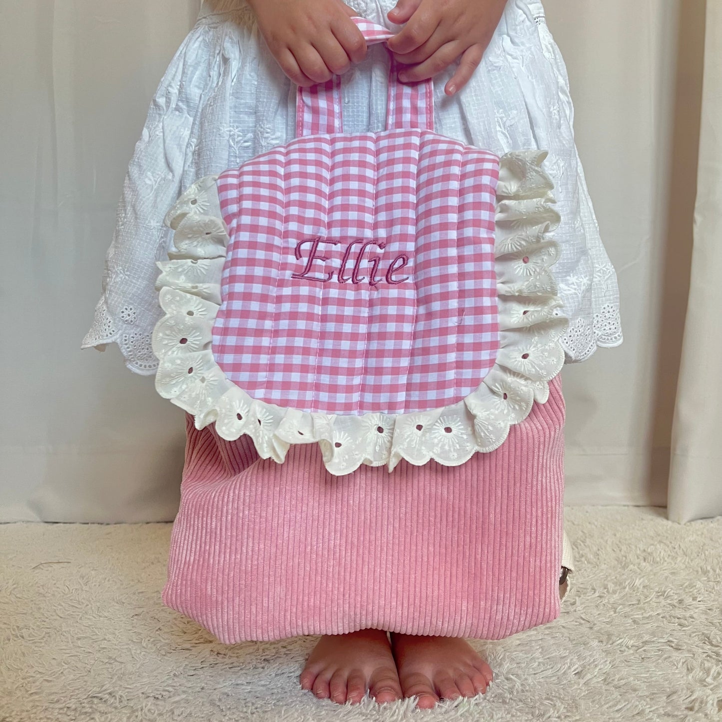 Sac à dos  enfant rose velours et vichy - personnalisable