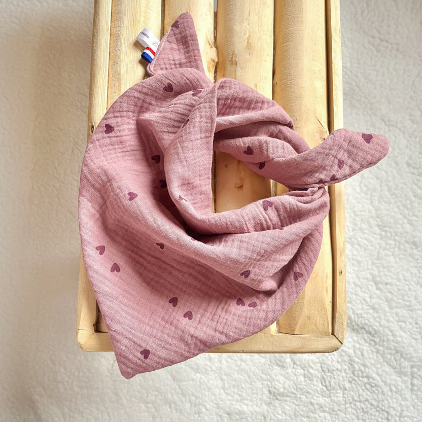 Foulard bandana enfant en double gaze de coton - Coeur violine