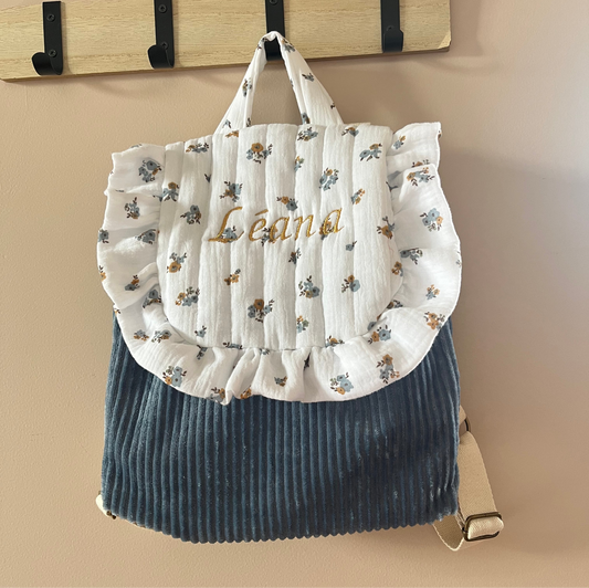 Sac à dos velour bleu enfant - personnalisable