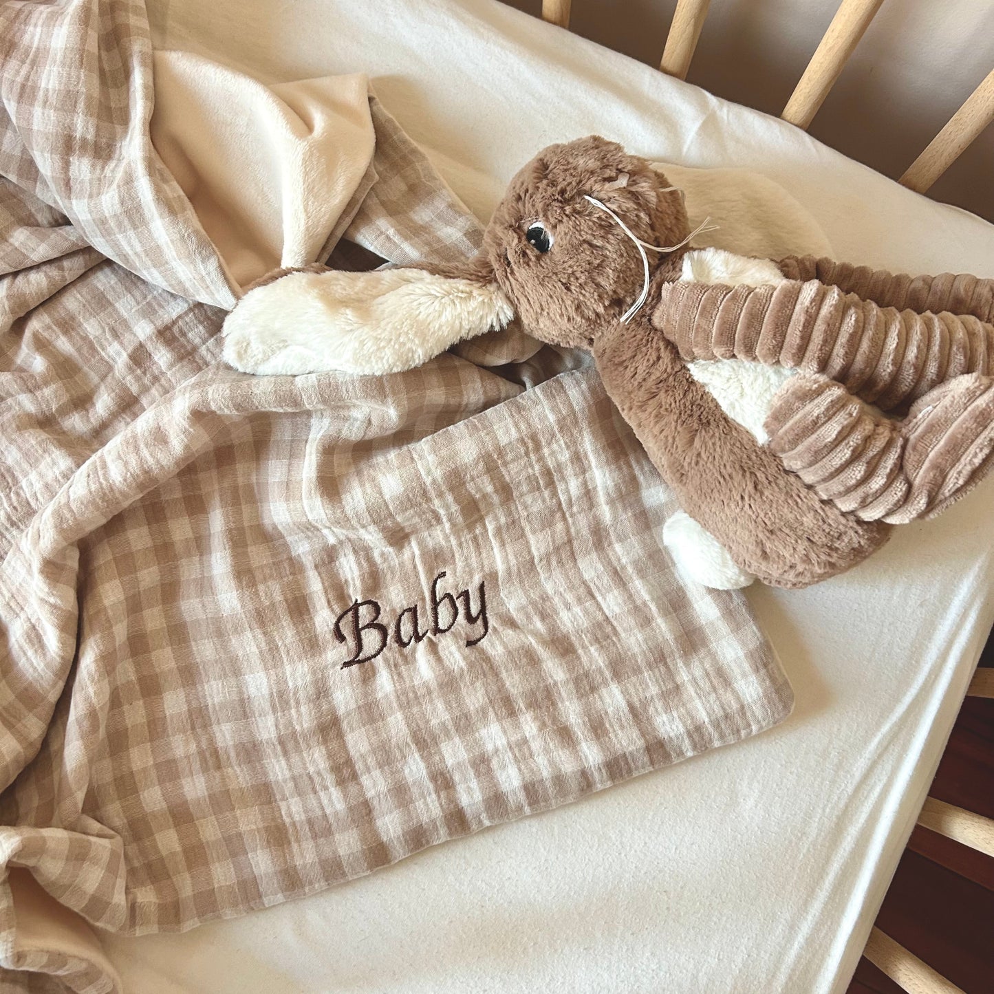 Couvertures douce bébé personnalisable - vichy beige ☁️