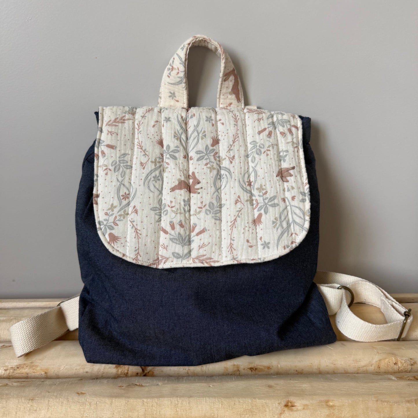 Sac à dos enfant lapin et bleu denim - personnalisable
