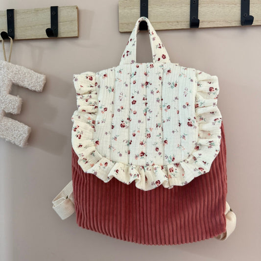 Sac à dos enfant fleurs et terracotta velours - personnalisable