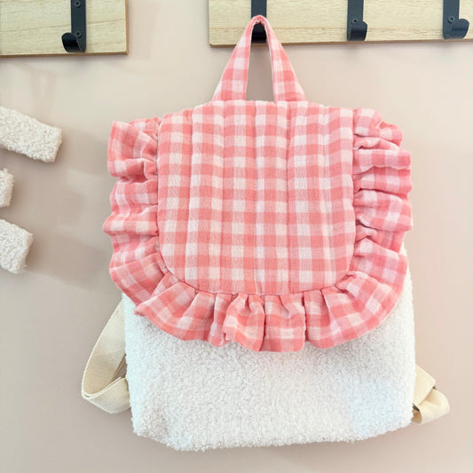 Sac à dos enfant rose vichy et sherpa - personnalisable