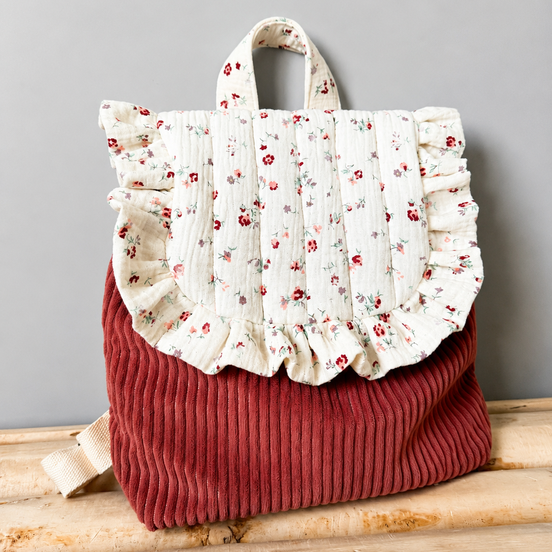 Sac à dos enfant fleurs et terracotta velours - personnalisable