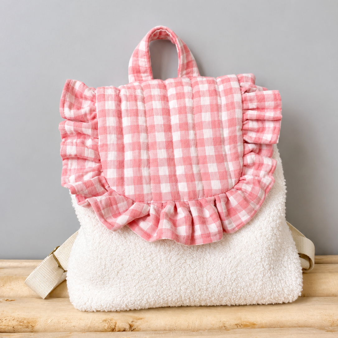 Sac à dos enfant rose vichy et sherpa - personnalisable