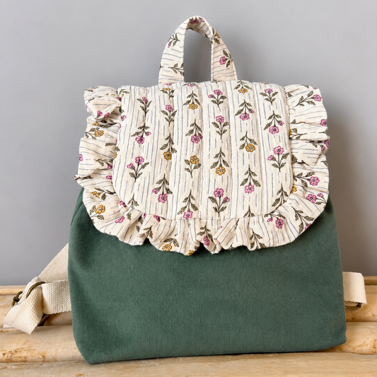 Sac à dos enfant fleurs et vert velours - personnalisable
