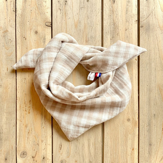 Foulard bandana enfant en double gaze de coton - Vichy beige