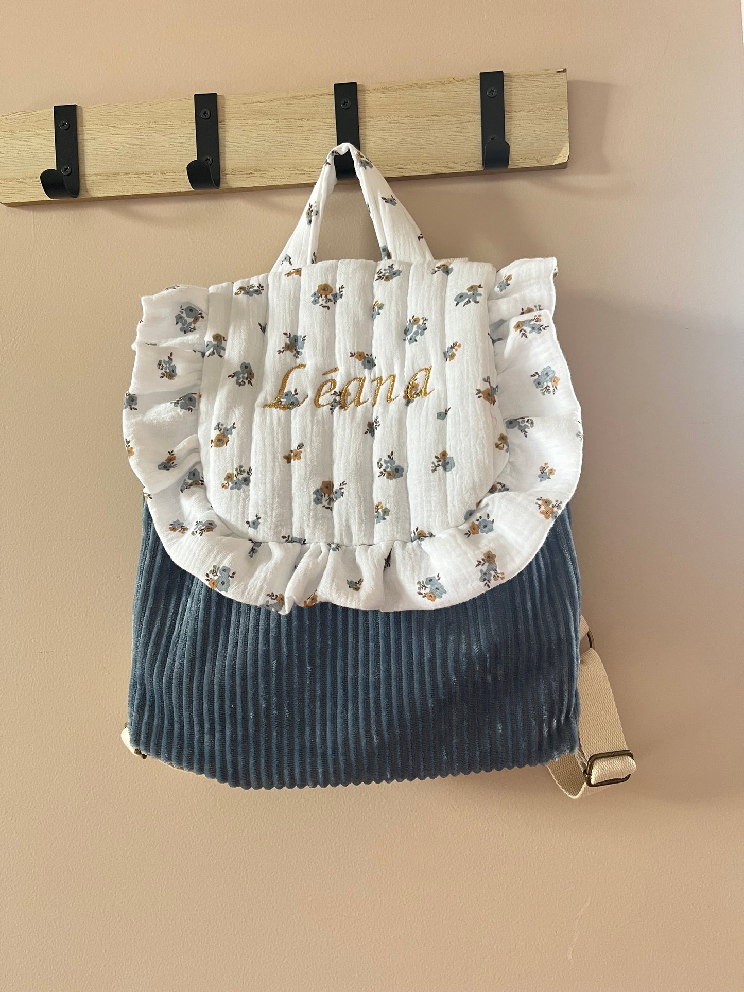 Sac à dos velour bleu enfant - personnalisable