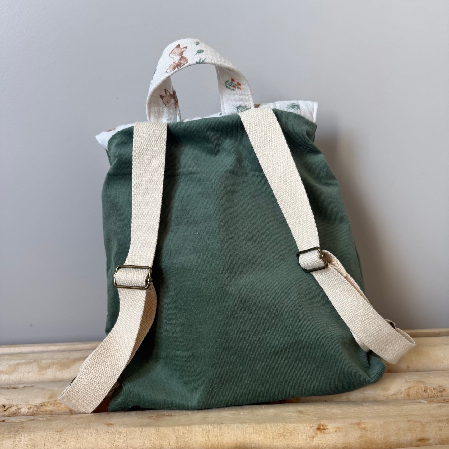 Sac à dos enfant renard et vert velours - personnalisable