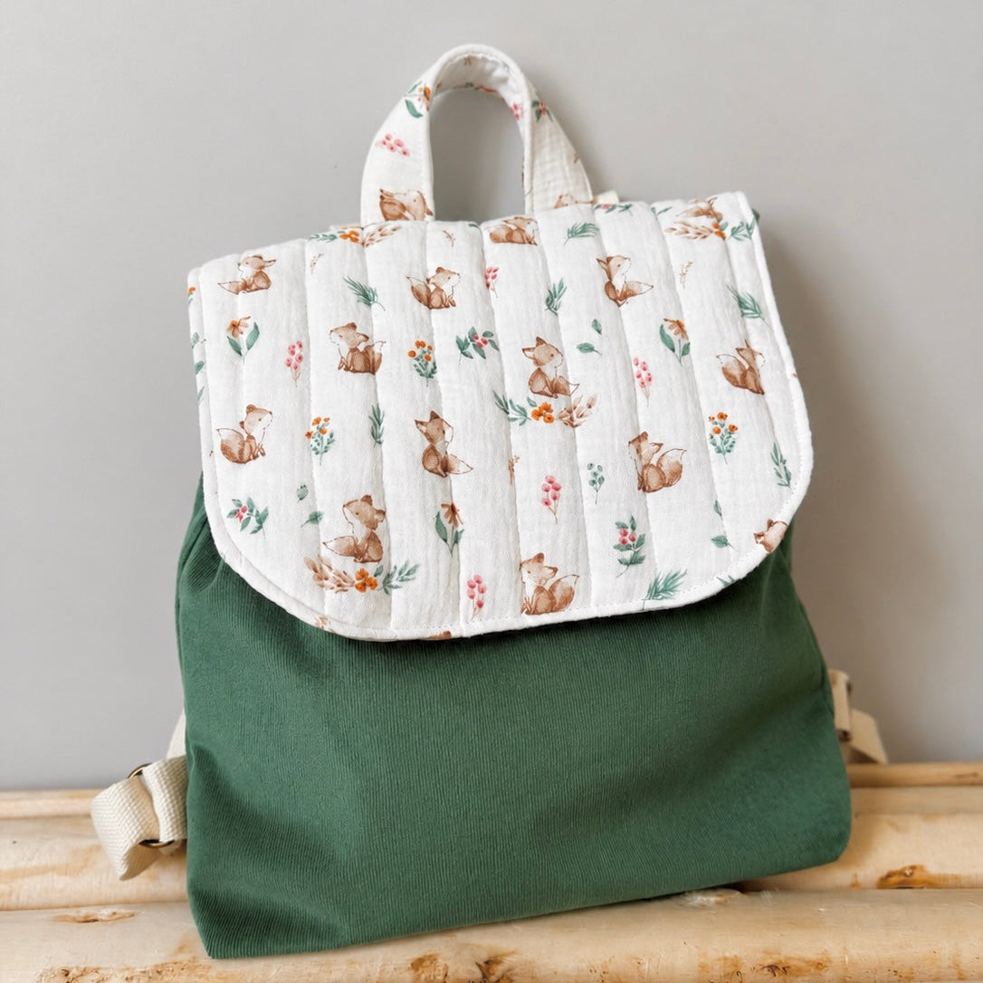 Sac à dos enfant renard et vert velours - personnalisable