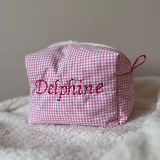 Trousses de toilette en vichy rose coton personnalisable - Taille médium