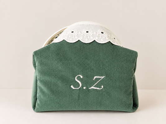 Trousses de toilette velours vert/Toile de jouy Personnalisable - Taille médium