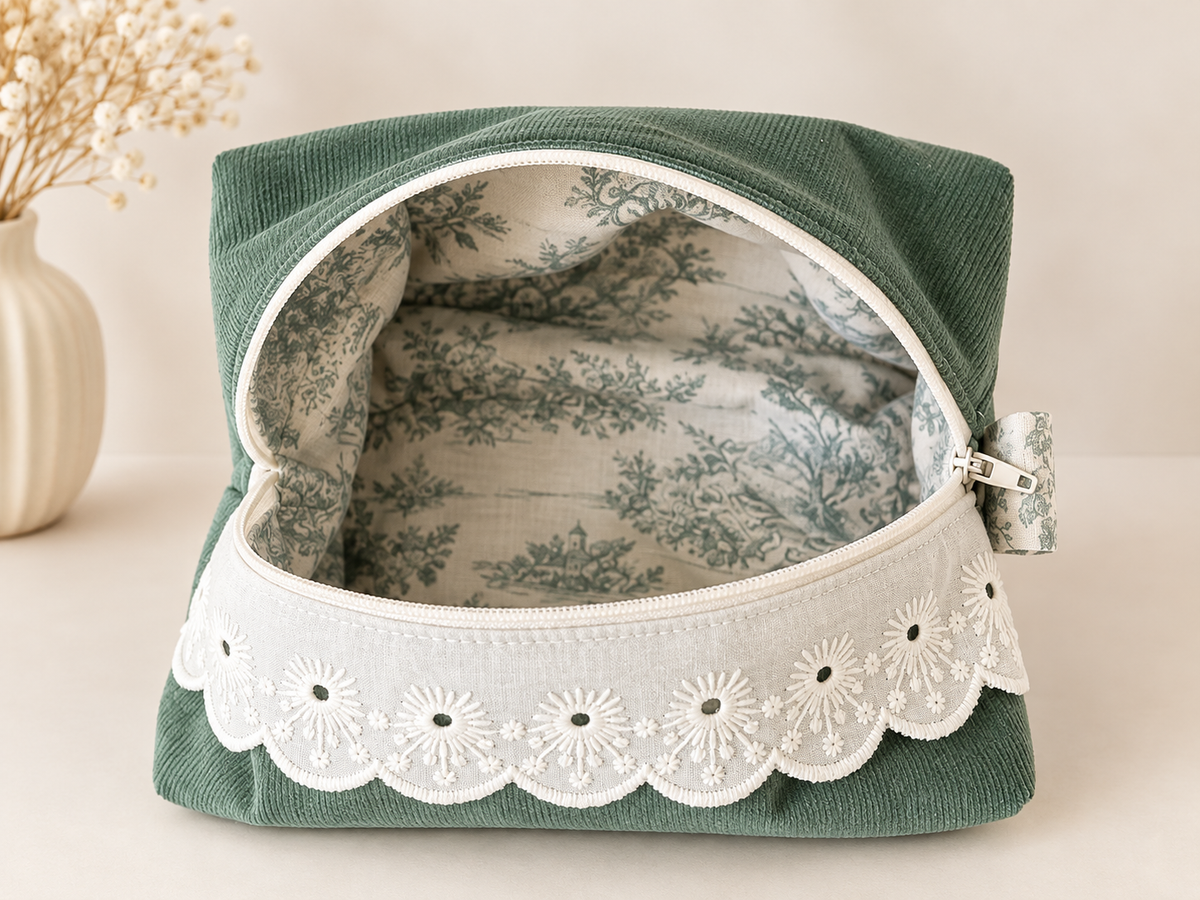 Trousses de toilette velours vert/Toile de jouy Personnalisable - Taille médium