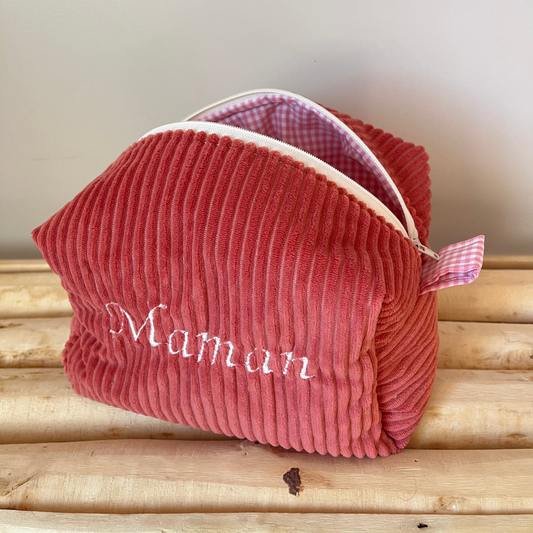 Trousse de toilette en velour terracotta - intérieur vichy rose - personnalisable