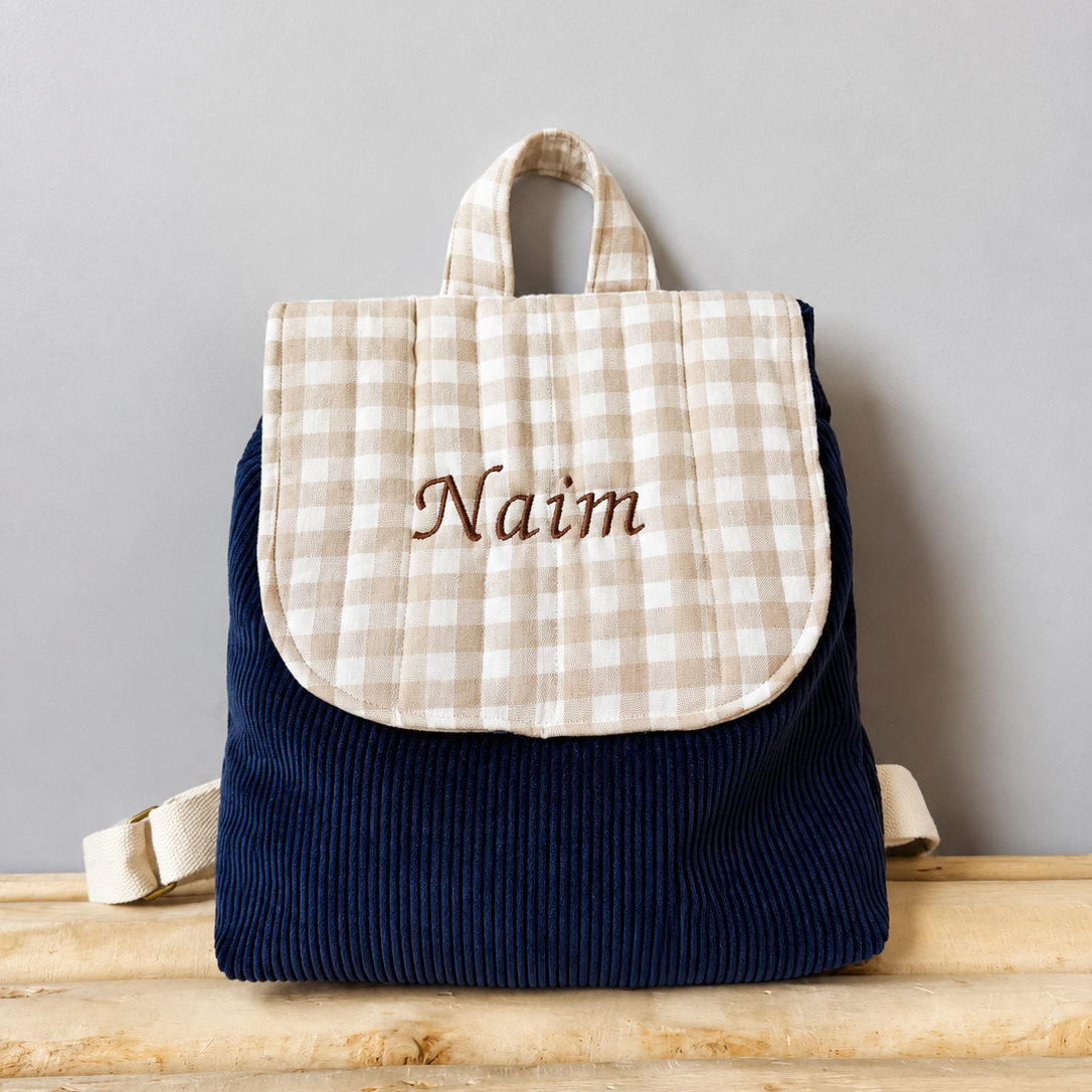 Sac à dos enfant beige vichy et velours bleu nuit - personnalisable