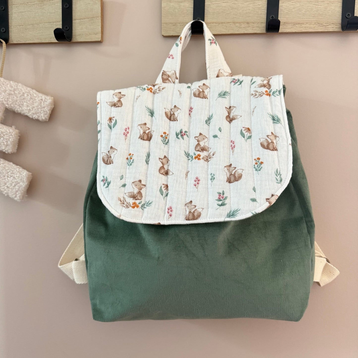 Sac à dos enfant renard et vert velours - personnalisable
