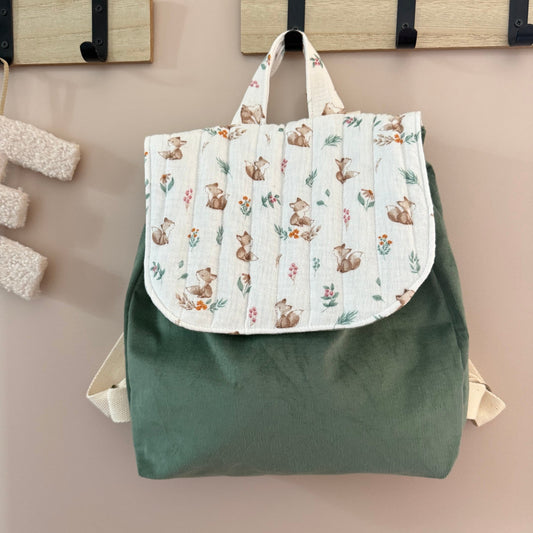 Sac à dos enfant renard et vert velours - personnalisable